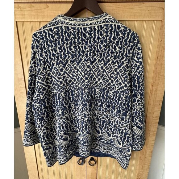 Coldwater Creek Blue/ White Geometric Weave One Wooden Button Cardigan Sz Xl - Picture 5 of 7